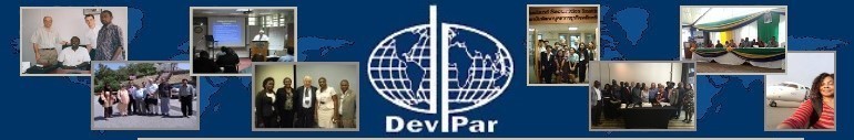 DevPar Financial Consulting Ltd. Banner, DevPar logo in the center of the banner which is a 
world globe divided in two. One half is part of a D, the other half is part of a P. Two world maps in the background, one of each side of 
the DevPar logo. 4 pictures of various people from around the world are stacked on each side on top of the world maps in the background