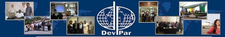 DevPar Financial Consulting Ltd. Banner, DevPar logo in the center of the banner which is a 
world globe divided in two. One half is part of a D, the other half is part of a P. Two world maps in the background, one of each side of 
the DevPar logo. 4 pictures of various people from around the world are stacked on each side on top of the world maps in the background